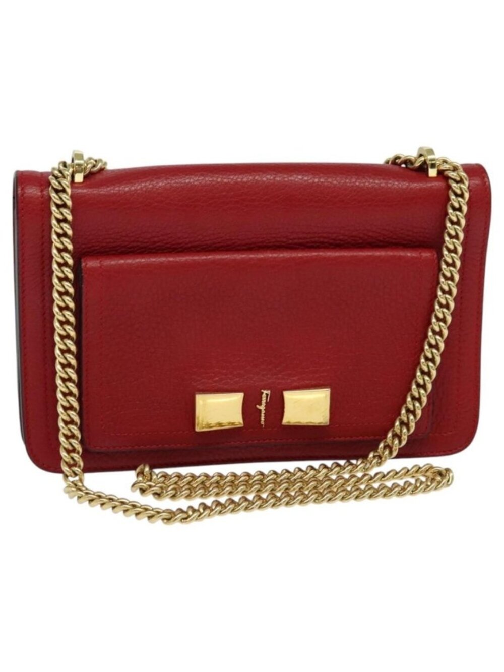 Authentic Salvatore Ferragamo Vala Chain Shoulder Bag Leather Red Gold